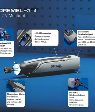 Das Dremel 8150 Multifunktionswerkzeug - grau von Dremel bietet 7,2V Akku-Power, LED-Licht, variable Drehzahl, USB-C-Ladung und einen bürstenlosen Motor.