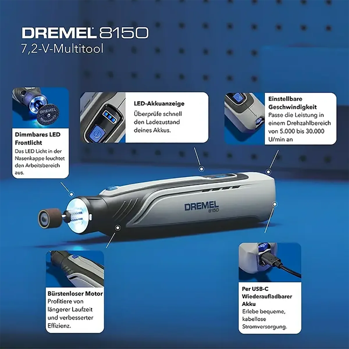 Das Dremel 8150 Multifunktionswerkzeug - grau von Dremel bietet 7,2V Akku-Power, LED-Licht, variable Drehzahl, USB-C-Ladung und einen bürstenlosen Motor.