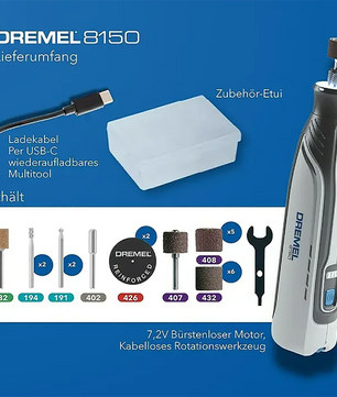 Das Dremel 8150 Multifunktionswerkzeug - grau von Dremel kommt mit Akku-Werkzeug, USB-C Kabel, Zubehörkoffer, Bits, Schleifsteinen und Schlüssel - alles übersichtlich sortiert.