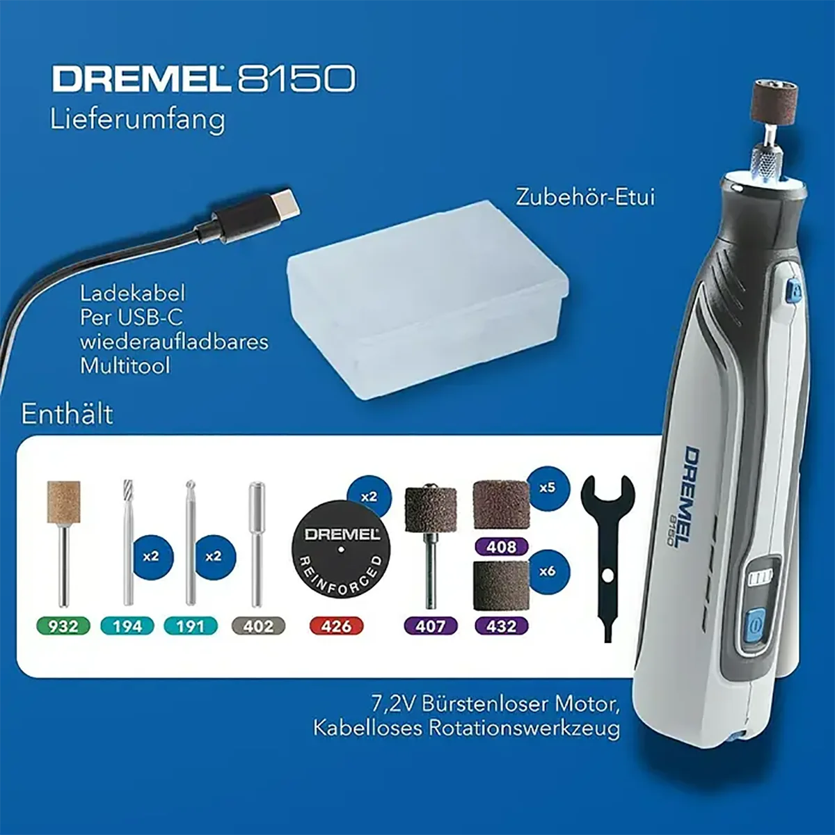 Das Dremel 8150 Multifunktionswerkzeug - grau von Dremel kommt mit Akku-Werkzeug, USB-C Kabel, Zubehörkoffer, Bits, Schleifsteinen und Schlüssel - alles übersichtlich sortiert.