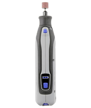 Das Dremel 8150 Multifunktionswerkzeug - grau von Dremel ist ein kabelloses Werkzeug mit einem grauen Gehäuse, einem blauen Einschaltknopf und einem Schleifaufsatz.