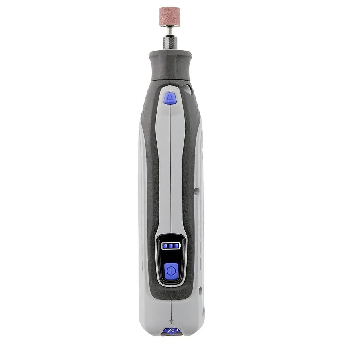 Das Dremel 8150 Multifunktionswerkzeug - grau von Dremel ist ein kabelloses Werkzeug mit einem grauen Gehäuse, einem blauen Einschaltknopf und einem Schleifaufsatz.