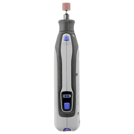 Das Dremel 8150 Multifunktionswerkzeug - grau von Dremel ist ein kabelloses Werkzeug mit einem grauen Gehäuse, einem blauen Einschaltknopf und einem Schleifaufsatz.