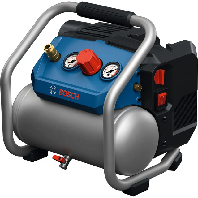 Der Bosch Professional PRO GKO18V-51 Akku-Druckluftkompressor in Blau von Bosch verfügt über Anzeigen, einen roten Drehknopf und einen silbernen Tank, der von einem Metallrahmen umgeben ist – damit ist er der ideale mobile Kompressor für vielseitige Druckluftanwendungen.