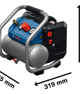 Der Bosch Professional PRO GKO18V-51 Akku-Druckluftkompressor – blau von Bosch ist mit Manometern und Tragegriffen ausgestattet und eignet sich somit ideal für eine Vielzahl von Druckluftaanwendungen. Dieser mobile Kompressor zeichnet sich durch kompakte Abmessungen von 349 mm x 345 mm x 319 mm aus, die deutlich durch Pfeile gekennzeichnet sind.