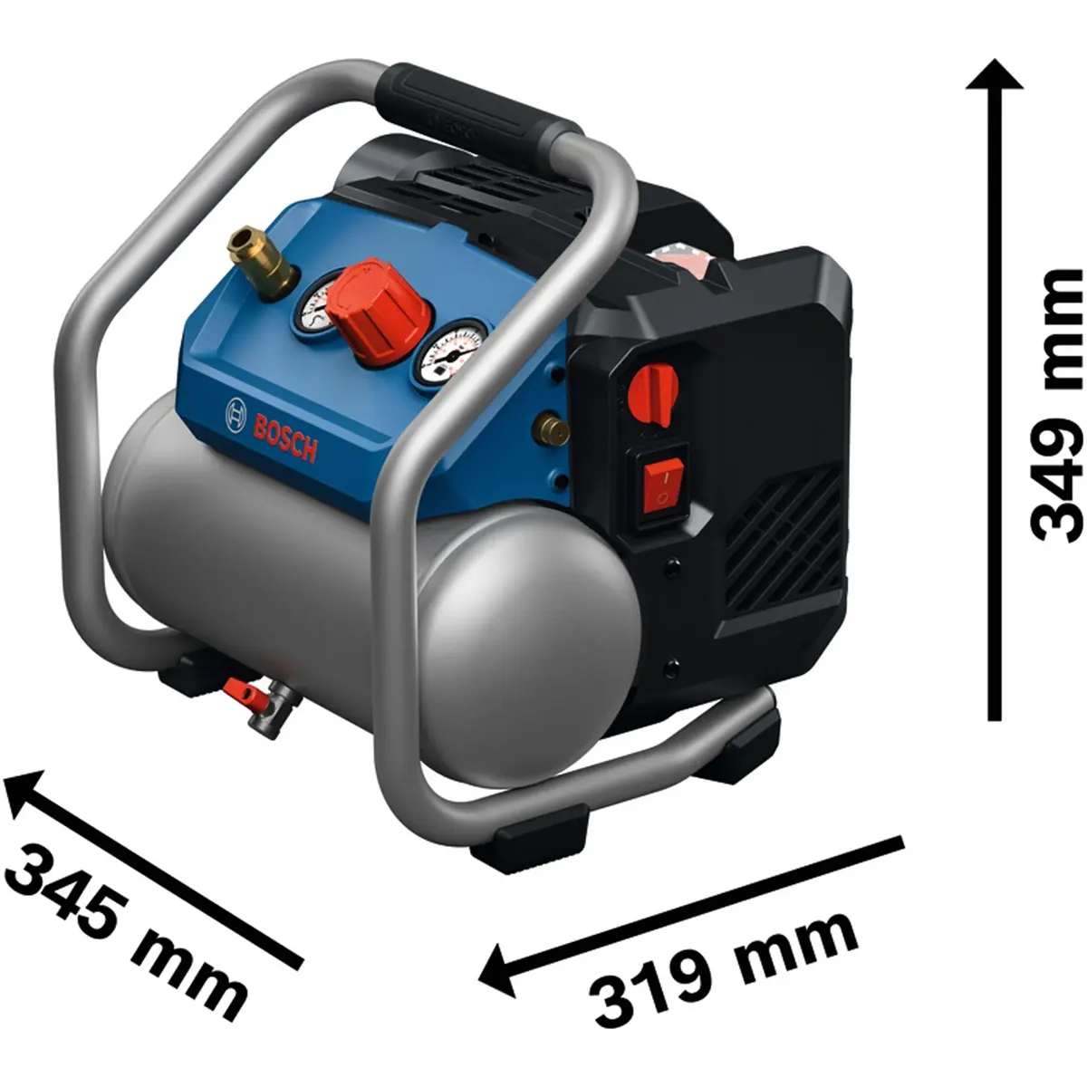 Der Bosch Professional PRO GKO18V-51 Akku-Druckluftkompressor – blau von Bosch ist mit Manometern und Tragegriffen ausgestattet und eignet sich somit ideal für eine Vielzahl von Druckluftaanwendungen. Dieser mobile Kompressor zeichnet sich durch kompakte Abmessungen von 349 mm x 345 mm x 319 mm aus, die deutlich durch Pfeile gekennzeichnet sind.