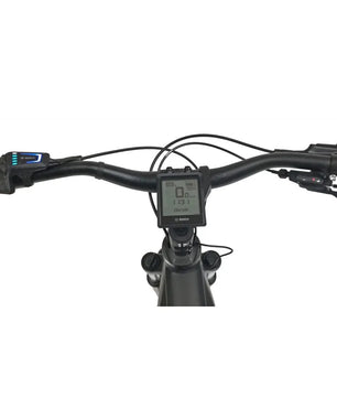 Draufsicht auf einen Fahrradlenker mit dem Bosch Intuvia 100 Nachrüst-Kit 31,8 mm - schwarz von Bosch und Bedientasten auf jeder Seite.