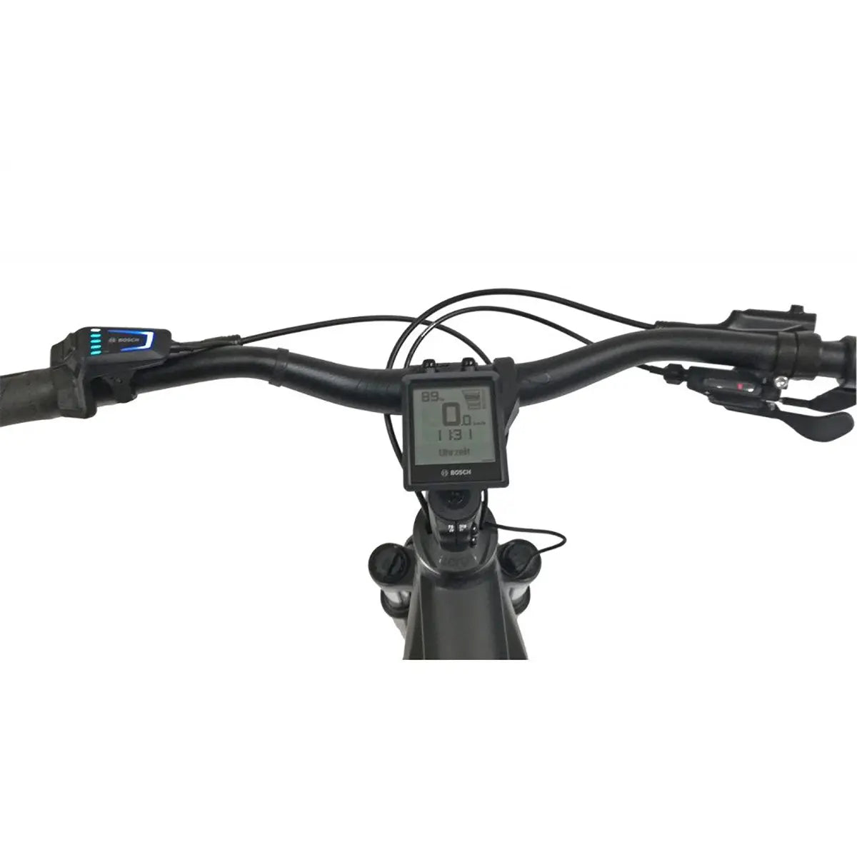 Draufsicht auf einen Fahrradlenker mit dem Bosch Intuvia 100 Nachrüst-Kit 31,8 mm - schwarz von Bosch und Bedientasten auf jeder Seite.