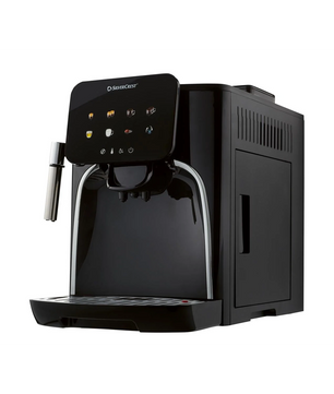 Der SILVERCREST SKVA 1450 A2 Kaffeevollautomat - schwarz verfügt über ein Bedienfeld, ein Kegelmahlwerk und einen Milchaufschäumer, die auf einem weißen Hintergrund abgebildet sind.
