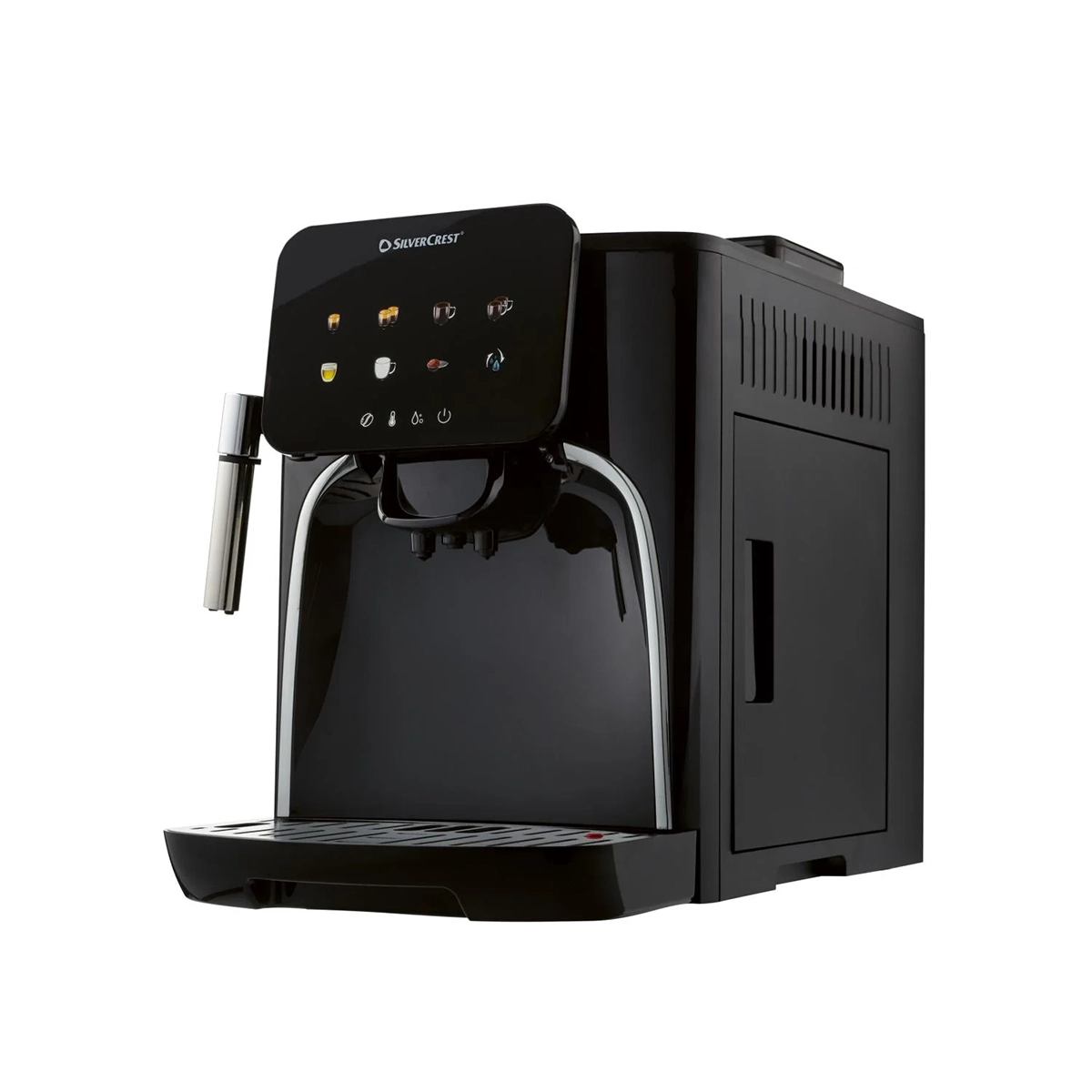 Der SILVERCREST SKVA 1450 A2 Kaffeevollautomat - schwarz verfügt über ein Bedienfeld, ein Kegelmahlwerk und einen Milchaufschäumer, die auf einem weißen Hintergrund abgebildet sind.