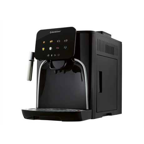 Der SILVERCREST SKVA 1450 A2 Kaffeevollautomat - schwarz verfügt über ein Bedienfeld, ein Kegelmahlwerk und einen Milchaufschäumer, die auf einem weißen Hintergrund abgebildet sind.