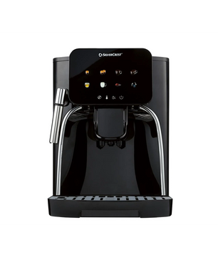 Der SILVERCREST SKVA 1450 A2 Kaffeevollautomat in Schwarz verfügt über digitale Touch-Tasten, ein integriertes Kegelmahlwerk und einen Milchaufschäumer, abgebildet vor einem weißen Hintergrund.