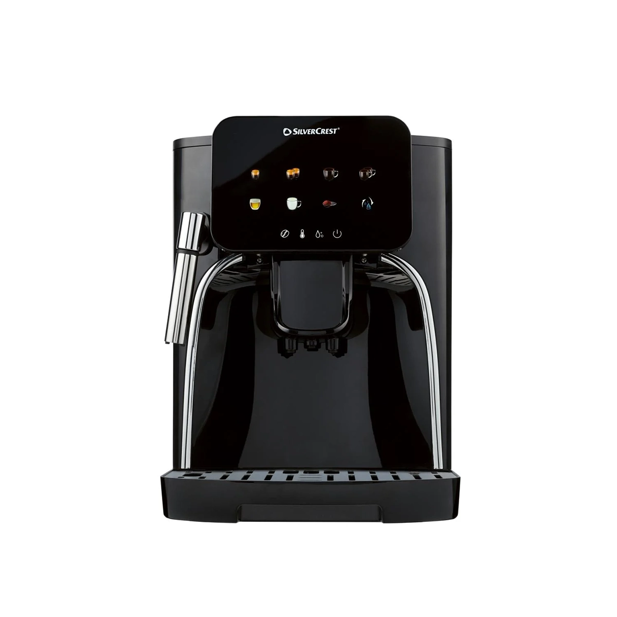 Der SILVERCREST SKVA 1450 A2 Kaffeevollautomat in Schwarz verfügt über digitale Touch-Tasten, ein integriertes Kegelmahlwerk und einen Milchaufschäumer, abgebildet vor einem weißen Hintergrund.