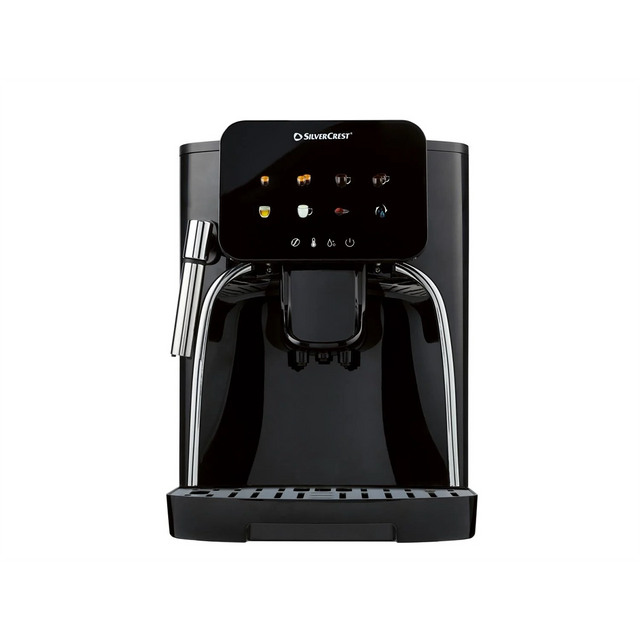 Der SILVERCREST SKVA 1450 A2 Kaffeevollautomat in Schwarz verfügt über digitale Touch-Tasten, ein integriertes Kegelmahlwerk und einen Milchaufschäumer, abgebildet vor einem weißen Hintergrund.