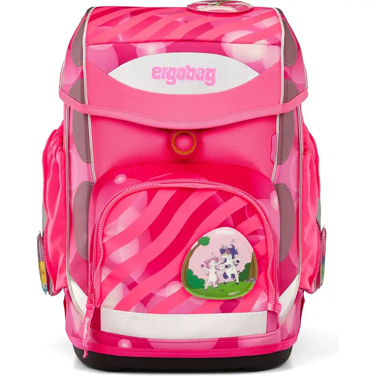 Das ergobag Cubo Schulranzen-Set "KuntBärbuntes" von ergobag besticht durch sein knallpinkes Design mit Zebrastreifen, Polka Dots, einem Einhorn-Badge auf der Vordertasche und einem ergonomischen Tragesystem für Komfort.