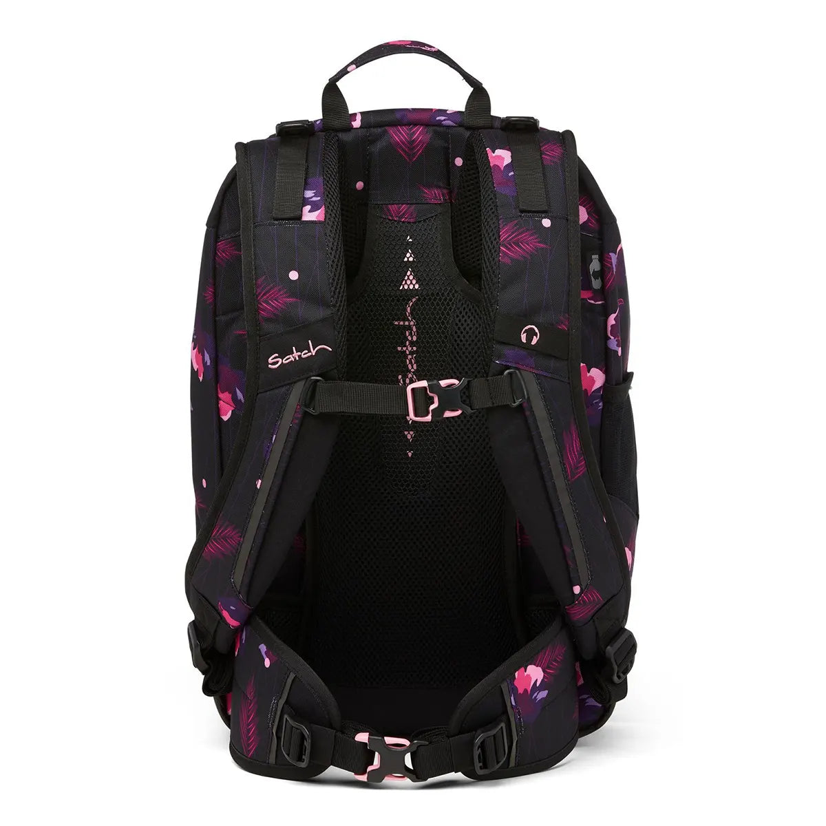 Rückansicht des Satch Air (2024)Schulranzen - mystic nights von Satch, in schwarz mit rosa und lila Blumenmuster und gepolsterten, ergonomischen Schulterriemen.