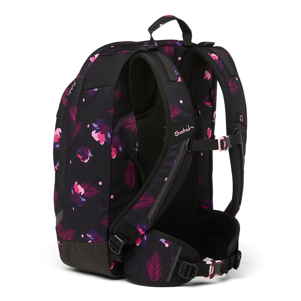 Der Satch Air (2024) Schulranzen - mystic nights von Satch zeichnet sich durch lila und rosa Blumenmuster, gepolsterte Träger, eine Brustschnalle und ein ergonomisches Design für mehr Komfort aus, hier in der Rückenansicht.