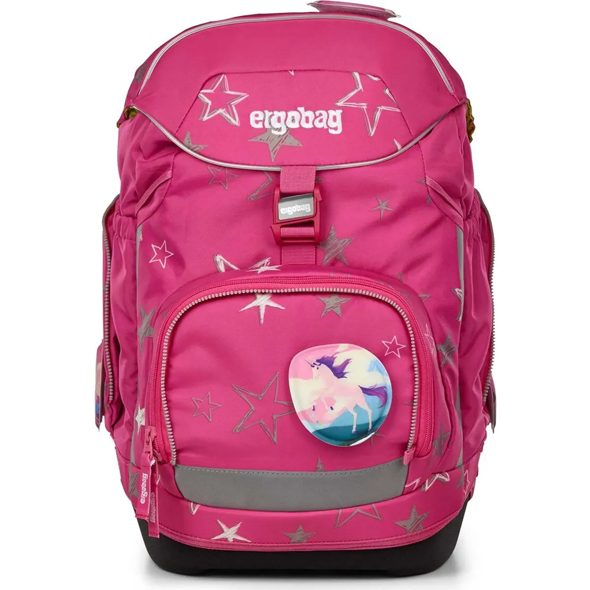 Das ergobag Pack Set (2025) Schulrucksack-Set "SternzauBär" (6-teilig) von ergobag bietet mit seinen Sternenmustern und dem Einhorn-Abzeichen einen witzigen und bequemen Schulrucksack für junge Schüler.
