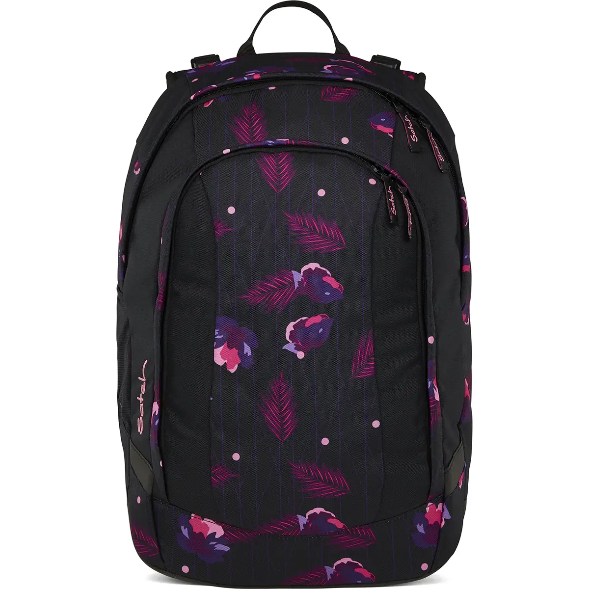 Die Satch Air (2025) Schulranzen - mystic nights haben ein lila und rosa Blumenblattmuster, eine Reißverschlusstasche auf der Vorderseite, einen Griff an der Oberseite und sind leicht - ideal für den täglichen Gebrauch.