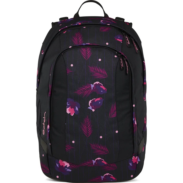 Die Satch Air (2025) Schulranzen - mystic nights haben ein lila und rosa Blumenblattmuster, eine Reißverschlusstasche auf der Vorderseite, einen Griff an der Oberseite und sind leicht - ideal für den täglichen Gebrauch.
