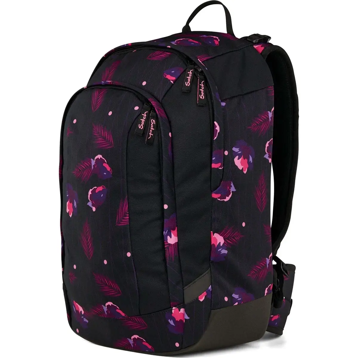 Der Satch Air (2025) Schulranzen - mystic nights von Satch ist ein leichter Schulrucksack aus schwarzem Stoff mit rosa und lilafarbenen Blumen- und Blattmustern sowie mehreren Fächern mit Reißverschluss für Komfort und Stil.