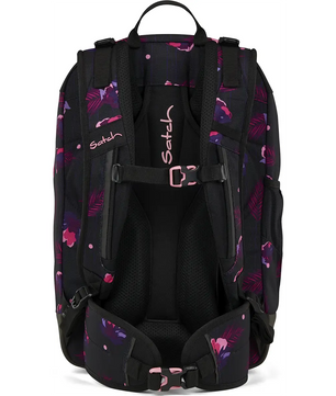 Der Satch Air (2025) Schulranzen - mystic nights von Satch hat rosa und lila Muster, gepolsterte Träger und Schnallen für ergonomischen Komfort. Dieser leichte Schulrucksack, der von hinten gezeigt wird, verbindet Stil mit Funktionalität.