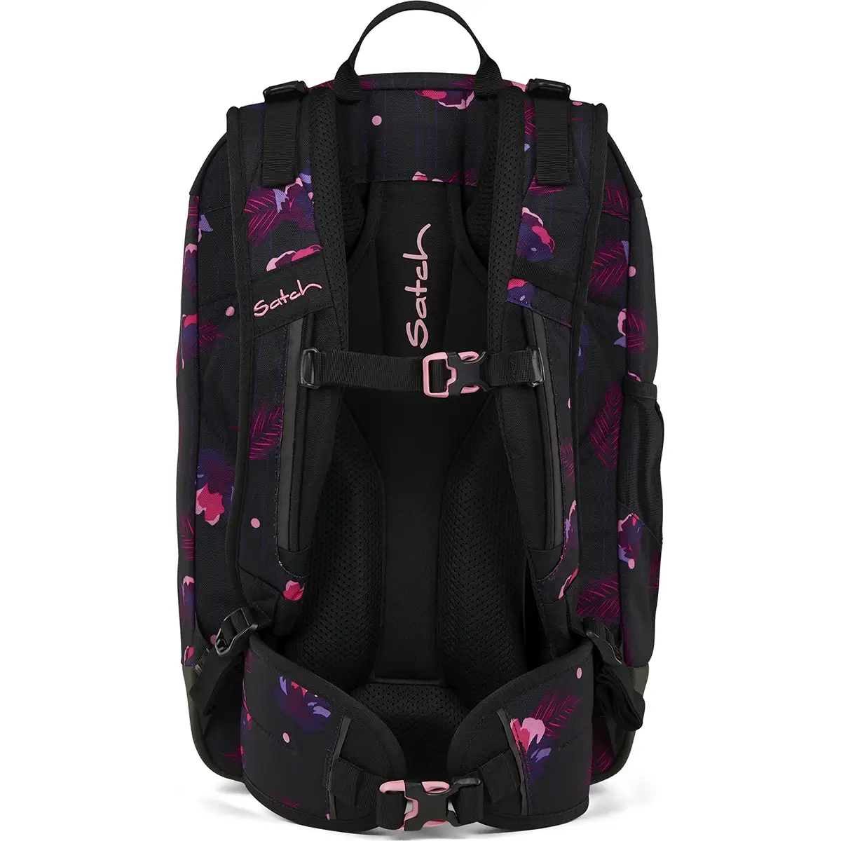 Der Satch Air (2025) Schulranzen - mystic nights von Satch hat rosa und lila Muster, gepolsterte Träger und Schnallen für ergonomischen Komfort. Dieser leichte Schulrucksack, der von hinten gezeigt wird, verbindet Stil mit Funktionalität.