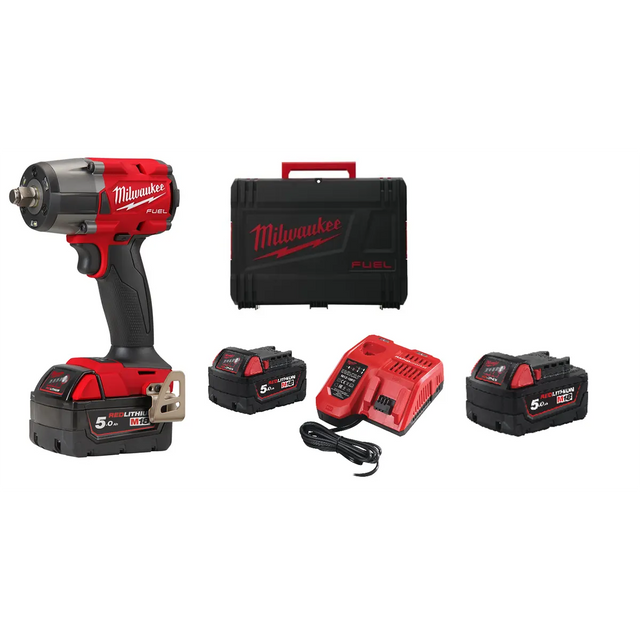 Der Milwaukee M18 FMTIW2F12-502X Schlagschrauber in Rot überzeugt mit 881 Nm Drehmoment, kompakter Bauweise und hoher Leistung. Im Lieferumfang enthalten: 2 Akkus, Ladegerät und Transportkoffer.
