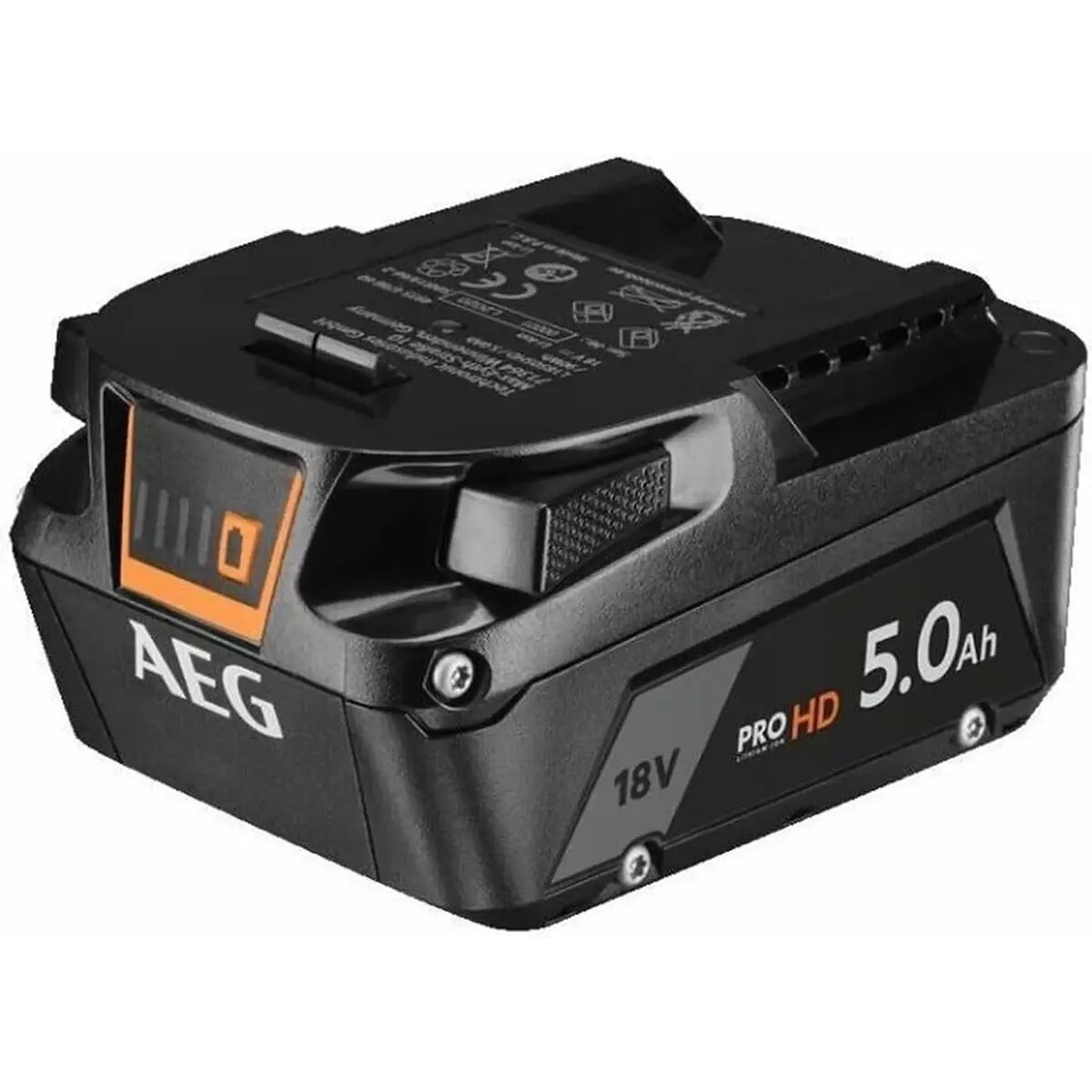 AEG PRO18V L1850SHD Akku in Schwarz von AEG, abgebildet mit Etikett und Anzeige auf weißem Hintergrund, mit fortschrittlicher 5,0-Ah-Lithium-Ionen-Technologie für zuverlässige Leistung.