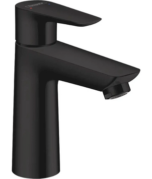 Moderne, mattschwarze Badarmatur mit Einhebelgriff, von der Seite gesehen. Das schlanke Design der Hansgrohe Talis E 110 Waschtischarmatur – schwarz von Hansgrohe setzt in jedem Badezimmer einen zeitgemäßen Akzent.