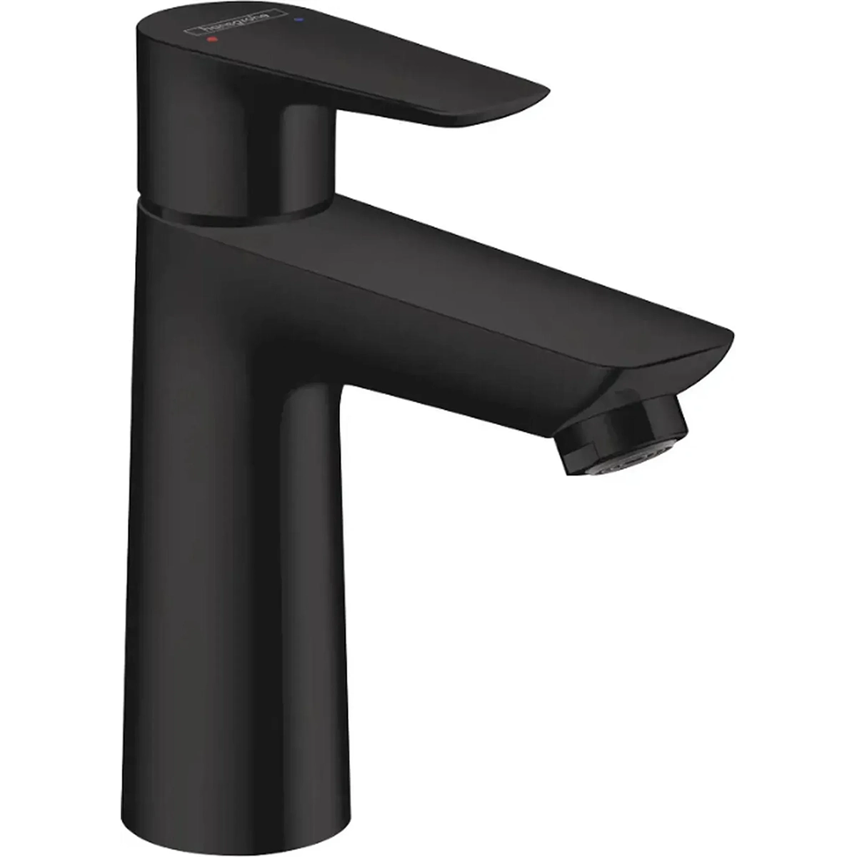 Moderne, mattschwarze Badarmatur mit Einhebelgriff, von der Seite gesehen. Das schlanke Design der Hansgrohe Talis E 110 Waschtischarmatur – schwarz von Hansgrohe setzt in jedem Badezimmer einen zeitgemäßen Akzent.