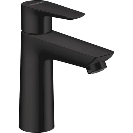 Moderne, mattschwarze Badarmatur mit Einhebelgriff, von der Seite gesehen. Das schlanke Design der Hansgrohe Talis E 110 Waschtischarmatur – schwarz von Hansgrohe setzt in jedem Badezimmer einen zeitgemäßen Akzent.