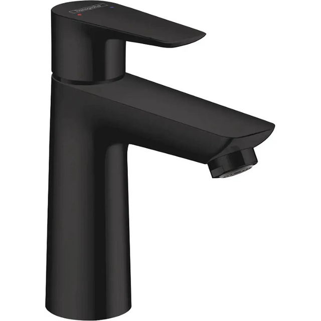 Moderne, mattschwarze Badarmatur mit Einhebelgriff, von der Seite gesehen. Das schlanke Design der Hansgrohe Talis E 110 Waschtischarmatur – schwarz von Hansgrohe setzt in jedem Badezimmer einen zeitgemäßen Akzent.