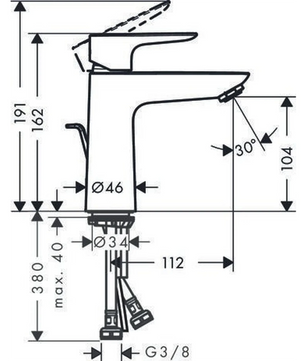 Technische Zeichnung der Hansgrohe Talis E 110 Waschtischarmatur – schwarz von Hansgrohe, mit Maßen in Millimetern und deutlich gekennzeichneten Winkeln als Orientierungshilfe für die Installation.