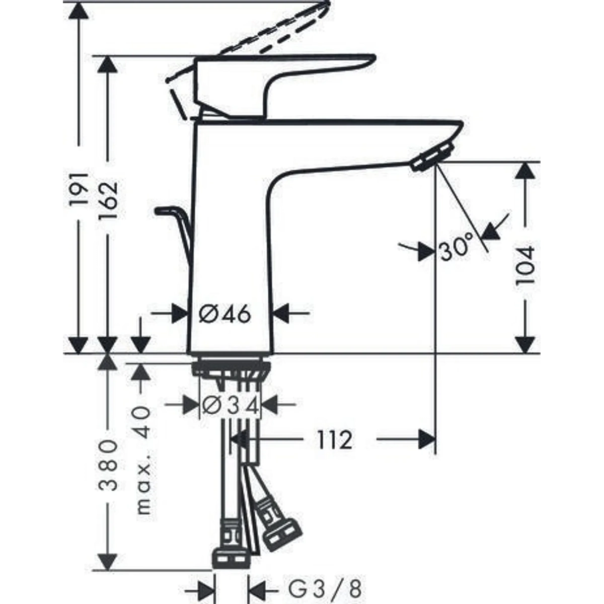 Technische Zeichnung der Hansgrohe Talis E 110 Waschtischarmatur – schwarz von Hansgrohe, mit Maßen in Millimetern und deutlich gekennzeichneten Winkeln als Orientierungshilfe für die Installation.