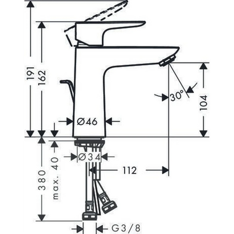 Technische Zeichnung der Hansgrohe Talis E 110 Waschtischarmatur – schwarz von Hansgrohe, mit Maßen in Millimetern und deutlich gekennzeichneten Winkeln als Orientierungshilfe für die Installation.
