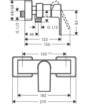 Technische Zeichnung des Einhebel-Brausemischers „hansgrohe Vernis Shape“ von hansgrohe mit detaillierten Abmessungen, Anschlüssen und Einbaumaßen.