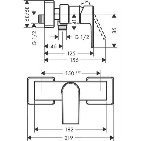 Technische Zeichnung des Einhebel-Brausemischers „hansgrohe Vernis Shape“ von hansgrohe mit detaillierten Abmessungen, Anschlüssen und Einbaumaßen.