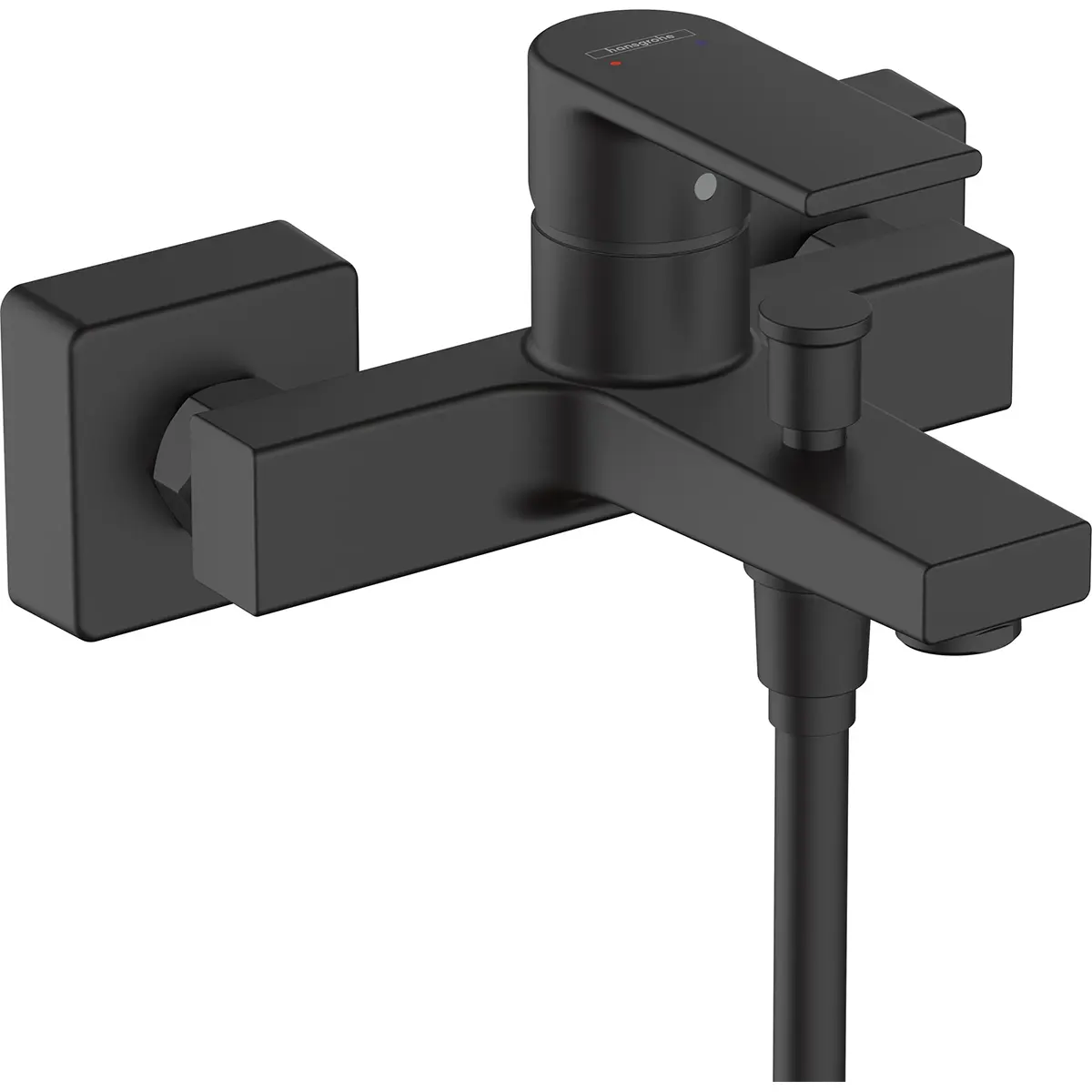 Der hansgrohe Vernis Shape Einhebel-Wannenmischer in Schwarz ist eine mattschwarze, wandmontierte Badarmatur mit Hebelgriff und Duschschlauchanschluss – eine stilvolle, mattschwarze Armatur von hansgrohe, die sich ideal zur Aufwertung moderner Räume eignet.