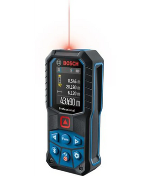 Der Bosch Professional GLM 50-27 C Laser-Entfernungsmesser – blau verfügt über ein digitales Display und einen sichtbaren roten Laserstrahl an der Oberseite und bietet somit sowohl Präzision als auch Komfort. Dieses Gerät von Bosch eignet sich perfekt als professionelles Messwerkzeug und optimiert die Messungen vor Ort oder in der Werkstatt.