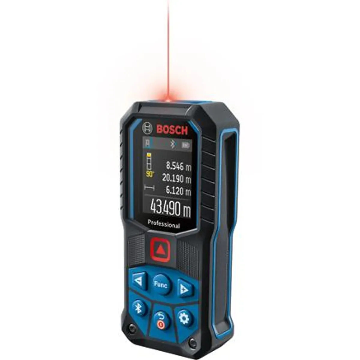 Der Bosch Professional GLM 50-27 C Laser-Entfernungsmesser – blau verfügt über ein digitales Display und einen sichtbaren roten Laserstrahl an der Oberseite und bietet somit sowohl Präzision als auch Komfort. Dieses Gerät von Bosch eignet sich perfekt als professionelles Messwerkzeug und optimiert die Messungen vor Ort oder in der Werkstatt.