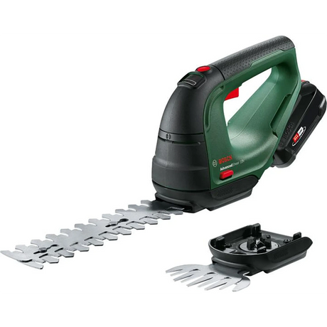 Das Bosch AdvancedShear 18V-10 Akku-Gras- und Strauchscheren-Set in Grün ist eine kabellose Heckenschere mit zwei Messern, die zum 18V POWER FOR ALL-System gehört.