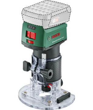 Die Bosch AdvancedTrimRouter 18V-8 Oberfräse in grün verfügt über einen transparenten Sockel, ein abnehmbares Oberteil und einen bürstenlosen Motor für effiziente Leistung.