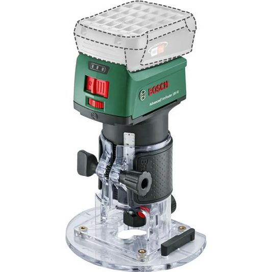 Die Bosch AdvancedTrimRouter 18V-8 Oberfräse in grün verfügt über einen transparenten Sockel, ein abnehmbares Oberteil und einen bürstenlosen Motor für effiziente Leistung.