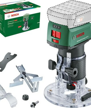 Der Bosch AdvancedTrimRouter 18V-8 Oberfräse - grün von Bosch verfügt über einen bürstenlosen Motor und wird mit Schraubenschlüssel, Führung, Bit und Produktbox geliefert.