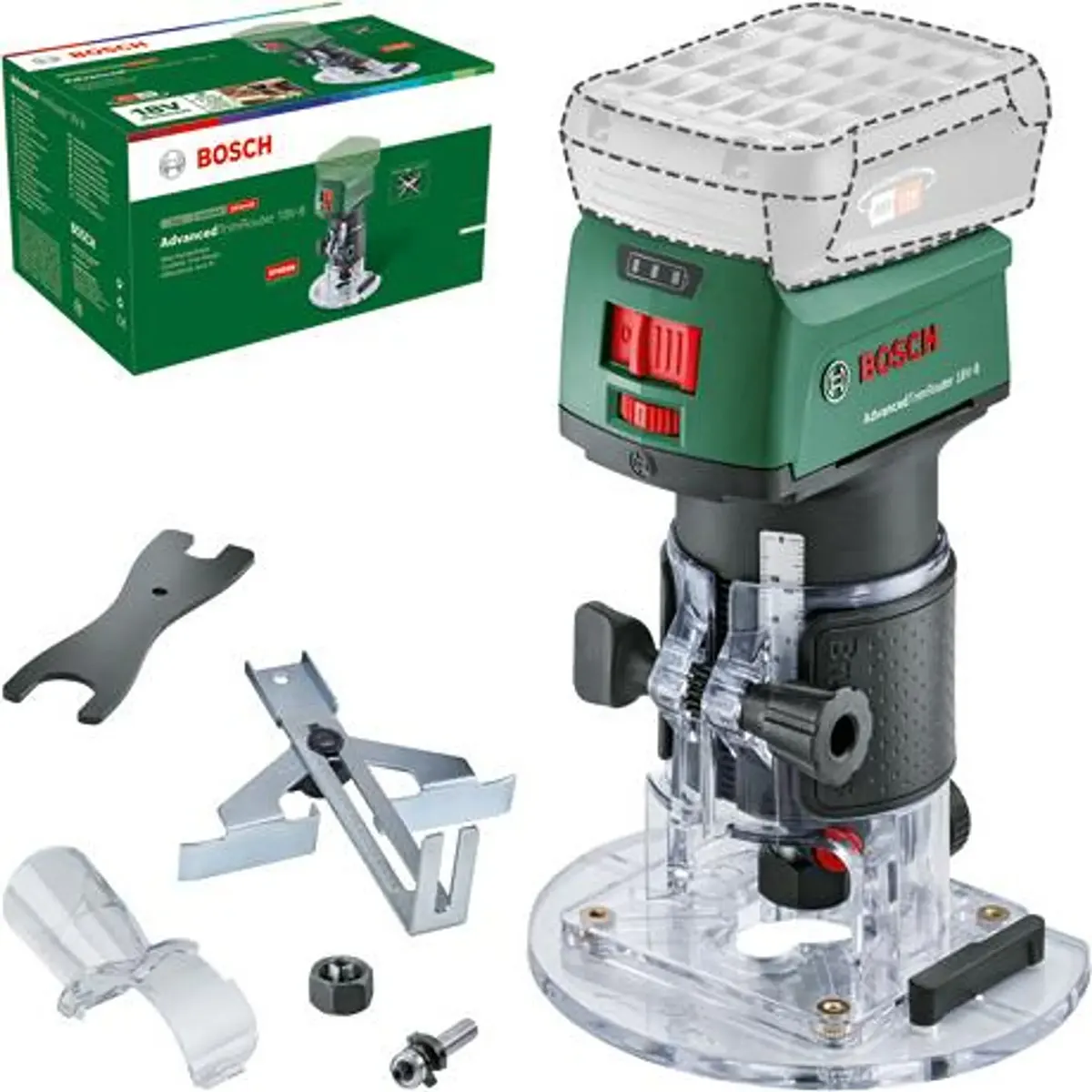 Der Bosch AdvancedTrimRouter 18V-8 Oberfräse - grün von Bosch verfügt über einen bürstenlosen Motor und wird mit Schraubenschlüssel, Führung, Bit und Produktbox geliefert.