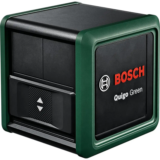 Der Bosch Quigo Green Kreuzlinien-Laser – grün von Bosch verfügt über einen grünen Rahmen und ein schwarzes Gehäuse mit dem Bosch-Logo und der Modellbezeichnung. Dieser Kreuzlinien-Laser zeichnet sich durch eine hohe Sichtbarkeit aus und eignet sich daher ideal für präzise Ausrichtungsarbeiten.