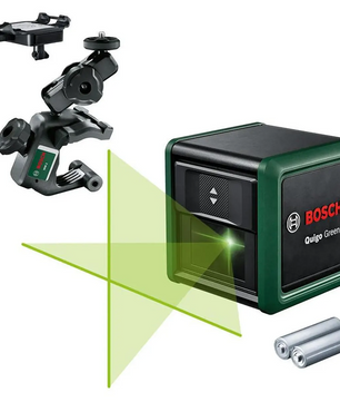 Bosch Quigo Green Kreuzlinien-Laser – grün: Präziser Kreuzlinienlaser von Bosch mit praktischer Klemmhalterung und Batterien für exakte grüne Laserprojektionen.