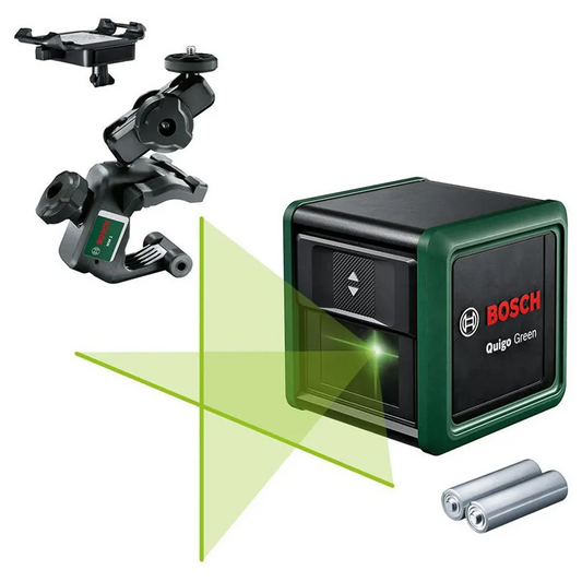 Bosch Quigo Green Kreuzlinien-Laser – grün: Präziser Kreuzlinienlaser von Bosch mit praktischer Klemmhalterung und Batterien für exakte grüne Laserprojektionen.