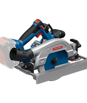 Die Bosch Professional GKS 18V-57-2 GX Akku-Handkreissäge – blau von Bosch verfügt über einen blau-schwarzen Griff und einen silbernen Sägeblattschutz und wird ohne Akku abgebildet – ideal für präzise Handkreissägen-Anwendungen bei der Holzbearbeitung.